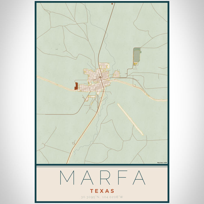 Marfa Texas Map Print Portrait Orientation in Woodblock Style With Shaded Background