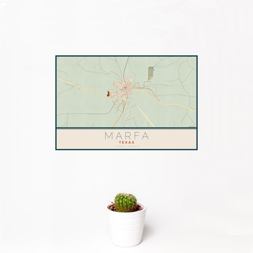 12x18 Marfa Texas Map Print Landscape Orientation in Woodblock Style With Small Cactus Plant in White Planter