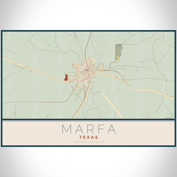 Marfa Texas Map Print Landscape Orientation in Woodblock Style With Shaded Background