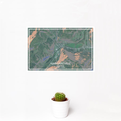 12x18 Margaretville New York Map Print Landscape Orientation in Afternoon Style With Small Cactus Plant in White Planter