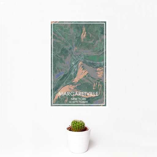 12x18 Margaretville New York Map Print Portrait Orientation in Afternoon Style With Small Cactus Plant in White Planter