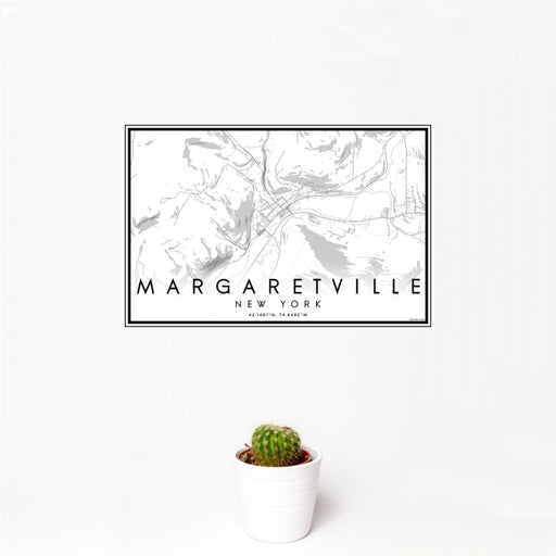12x18 Margaretville New York Map Print Landscape Orientation in Classic Style With Small Cactus Plant in White Planter
