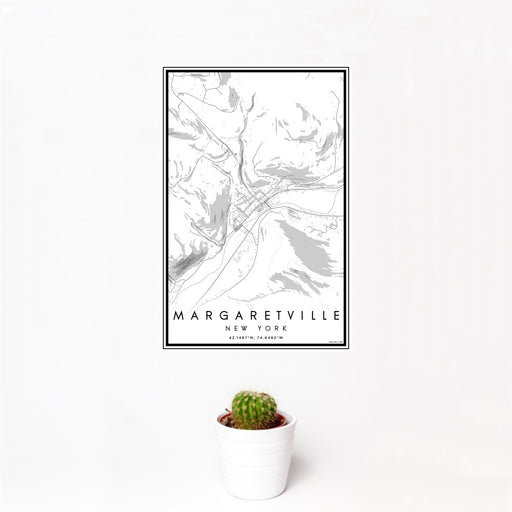12x18 Margaretville New York Map Print Portrait Orientation in Classic Style With Small Cactus Plant in White Planter
