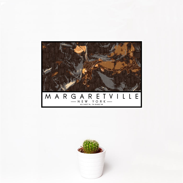 12x18 Margaretville New York Map Print Landscape Orientation in Ember Style With Small Cactus Plant in White Planter