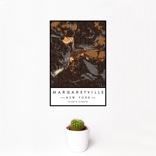 12x18 Margaretville New York Map Print Portrait Orientation in Ember Style With Small Cactus Plant in White Planter