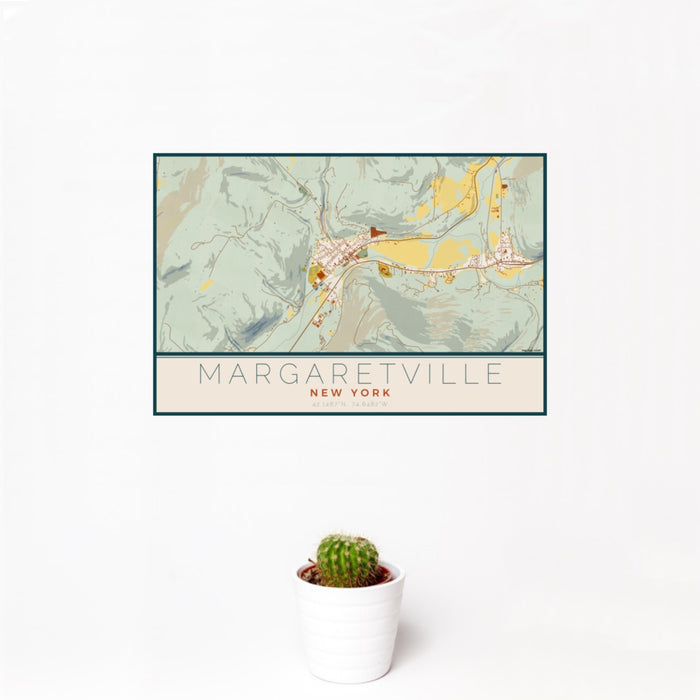 12x18 Margaretville New York Map Print Landscape Orientation in Woodblock Style With Small Cactus Plant in White Planter