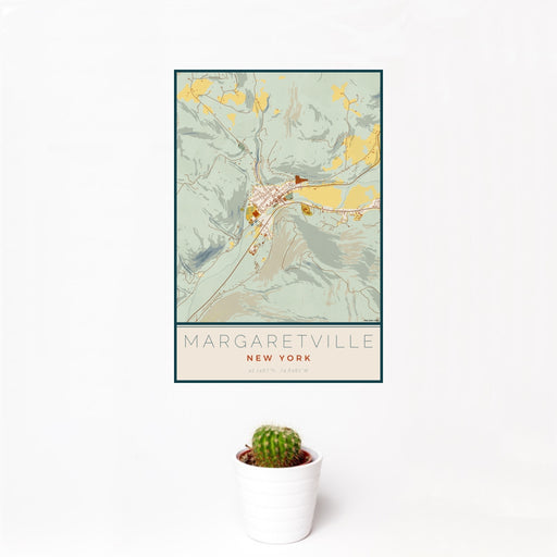 12x18 Margaretville New York Map Print Portrait Orientation in Woodblock Style With Small Cactus Plant in White Planter