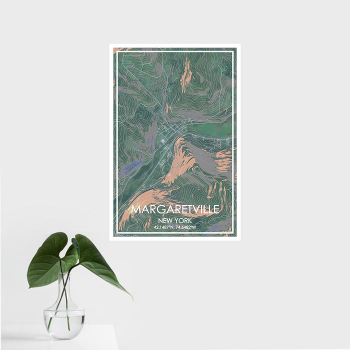 16x24 Margaretville New York Map Print Portrait Orientation in Afternoon Style With Tropical Plant Leaves in Water