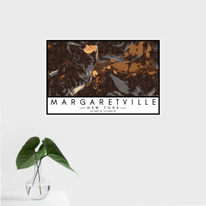 16x24 Margaretville New York Map Print Landscape Orientation in Ember Style With Tropical Plant Leaves in Water