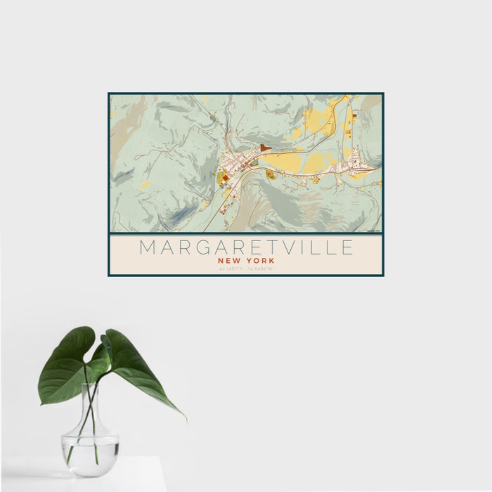 16x24 Margaretville New York Map Print Landscape Orientation in Woodblock Style With Tropical Plant Leaves in Water