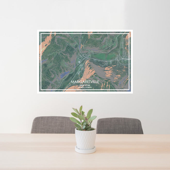 24x36 Margaretville New York Map Print Lanscape Orientation in Afternoon Style Behind 2 Chairs Table and Potted Plant