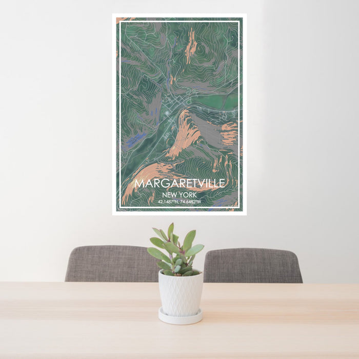 24x36 Margaretville New York Map Print Portrait Orientation in Afternoon Style Behind 2 Chairs Table and Potted Plant