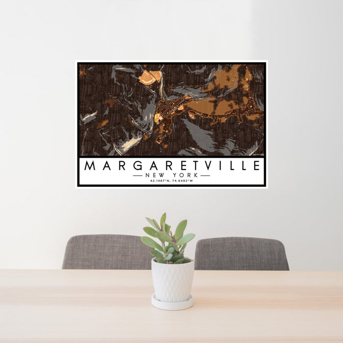 24x36 Margaretville New York Map Print Lanscape Orientation in Ember Style Behind 2 Chairs Table and Potted Plant