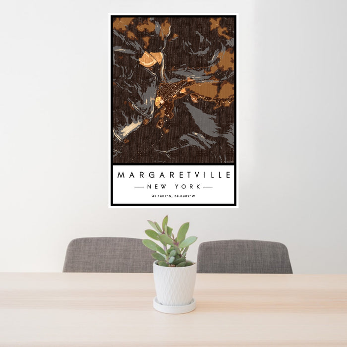 24x36 Margaretville New York Map Print Portrait Orientation in Ember Style Behind 2 Chairs Table and Potted Plant