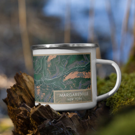 Right View Custom Margaretville New York Map Enamel Mug in Afternoon on Grass With Trees in Background