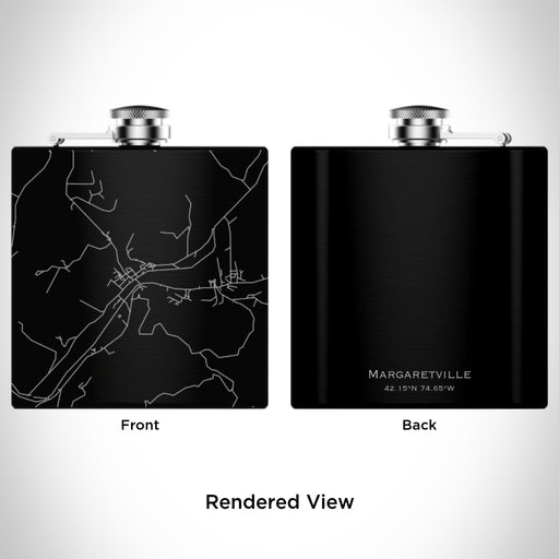 Rendered View of Margaretville New York Map Engraving on 6oz Stainless Steel Flask in Black
