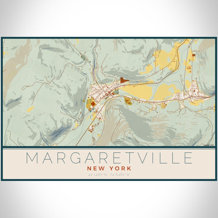 Margaretville New York Map Print Landscape Orientation in Woodblock Style With Shaded Background