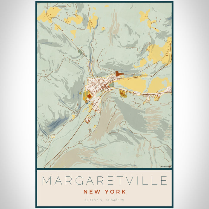 Margaretville New York Map Print Portrait Orientation in Woodblock Style With Shaded Background