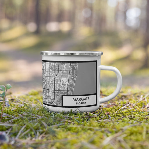 Right View Custom Margate Florida Map Enamel Mug in Classic on Grass With Trees in Background