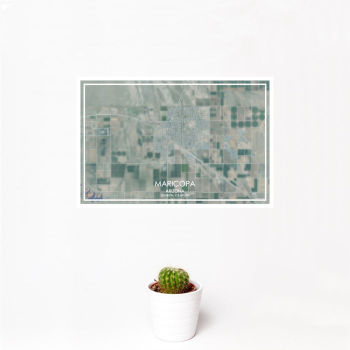 12x18 Maricopa Arizona Map Print Landscape Orientation in Afternoon Style With Small Cactus Plant in White Planter