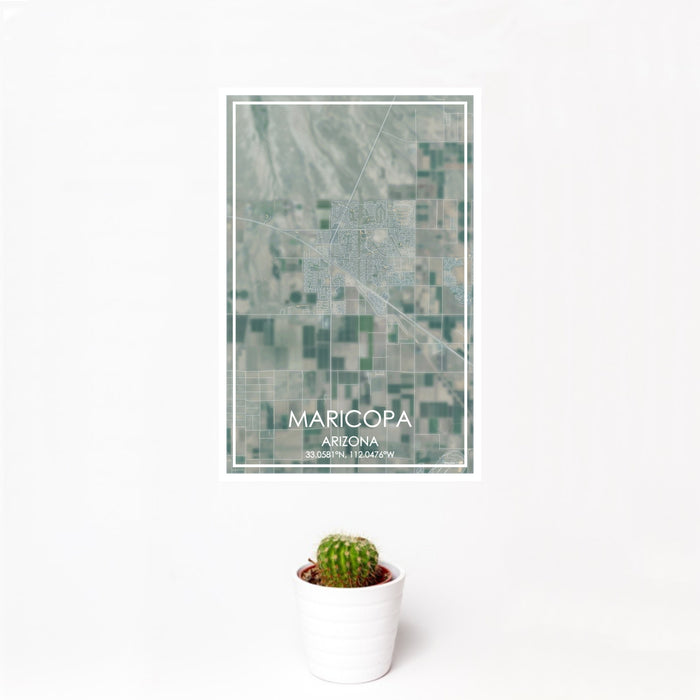 12x18 Maricopa Arizona Map Print Portrait Orientation in Afternoon Style With Small Cactus Plant in White Planter