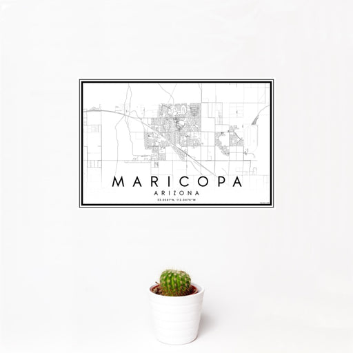 12x18 Maricopa Arizona Map Print Landscape Orientation in Classic Style With Small Cactus Plant in White Planter