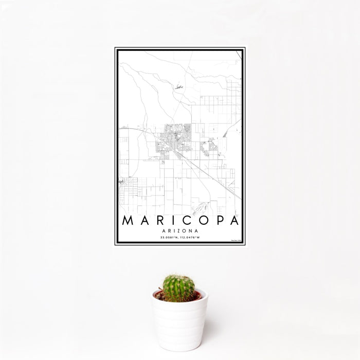 12x18 Maricopa Arizona Map Print Portrait Orientation in Classic Style With Small Cactus Plant in White Planter
