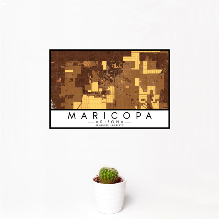 12x18 Maricopa Arizona Map Print Landscape Orientation in Ember Style With Small Cactus Plant in White Planter