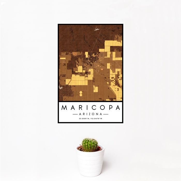 12x18 Maricopa Arizona Map Print Portrait Orientation in Ember Style With Small Cactus Plant in White Planter