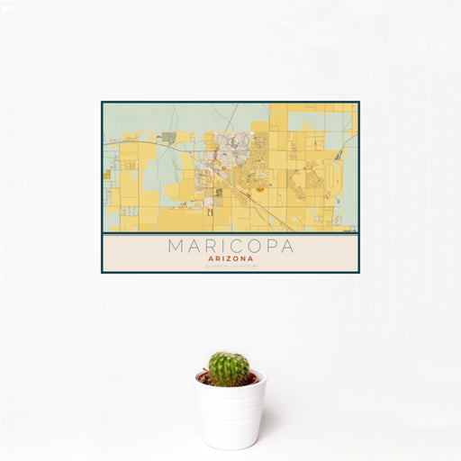 12x18 Maricopa Arizona Map Print Landscape Orientation in Woodblock Style With Small Cactus Plant in White Planter