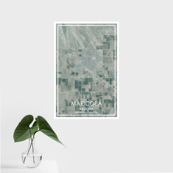 16x24 Maricopa Arizona Map Print Portrait Orientation in Afternoon Style With Tropical Plant Leaves in Water