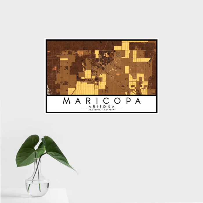 16x24 Maricopa Arizona Map Print Landscape Orientation in Ember Style With Tropical Plant Leaves in Water