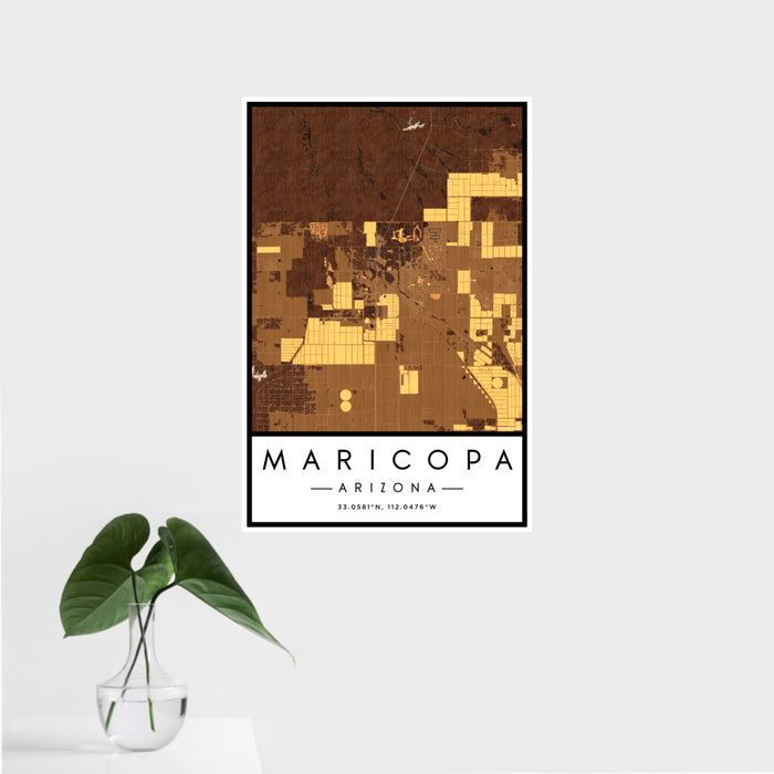16x24 Maricopa Arizona Map Print Portrait Orientation in Ember Style With Tropical Plant Leaves in Water