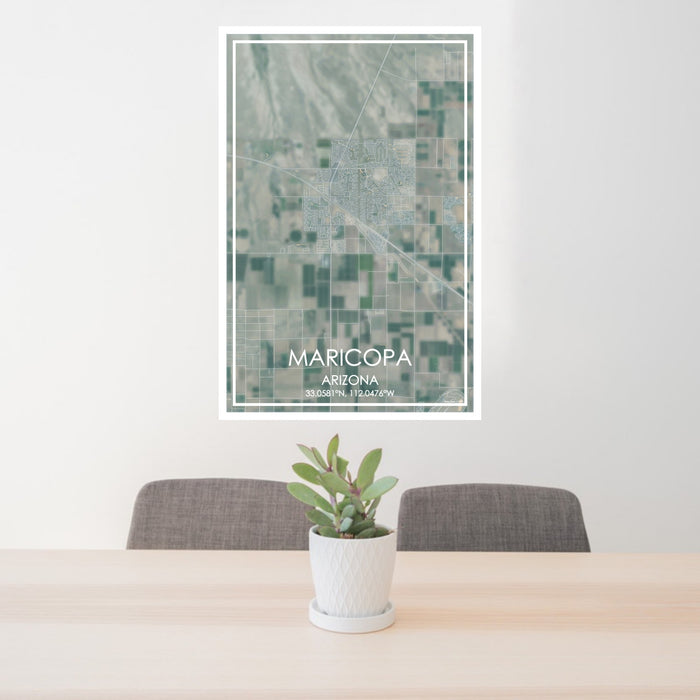 24x36 Maricopa Arizona Map Print Portrait Orientation in Afternoon Style Behind 2 Chairs Table and Potted Plant