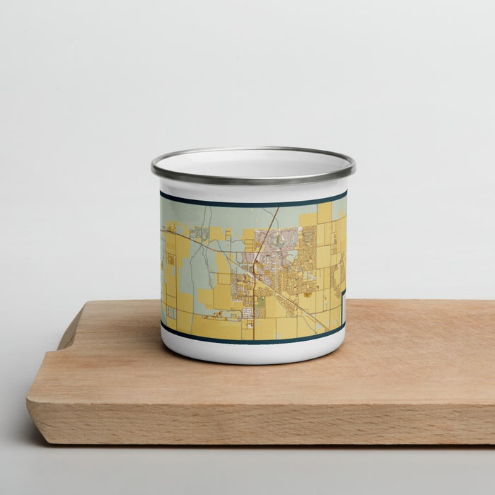 Front View Custom Maricopa Arizona Map Enamel Mug in Woodblock on Cutting Board