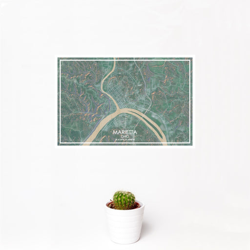 12x18 Marietta Ohio Map Print Landscape Orientation in Afternoon Style With Small Cactus Plant in White Planter