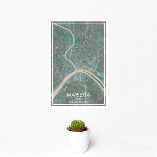 12x18 Marietta Ohio Map Print Portrait Orientation in Afternoon Style With Small Cactus Plant in White Planter