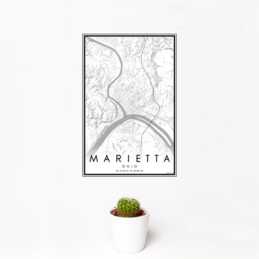 12x18 Marietta Ohio Map Print Portrait Orientation in Classic Style With Small Cactus Plant in White Planter