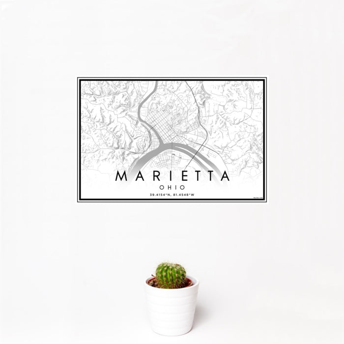 12x18 Marietta Ohio Map Print Landscape Orientation in Classic Style With Small Cactus Plant in White Planter