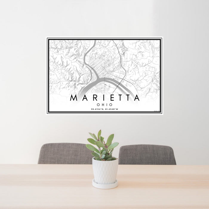 24x36 Marietta Ohio Map Print Landscape Orientation in Classic Style Behind 2 Chairs Table and Potted Plant