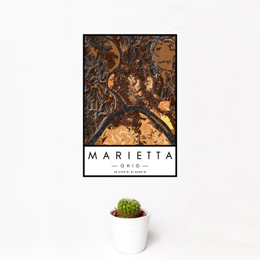 12x18 Marietta Ohio Map Print Portrait Orientation in Ember Style With Small Cactus Plant in White Planter