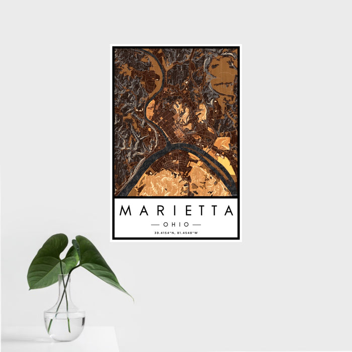 16x24 Marietta Ohio Map Print Portrait Orientation in Ember Style With Tropical Plant Leaves in Water
