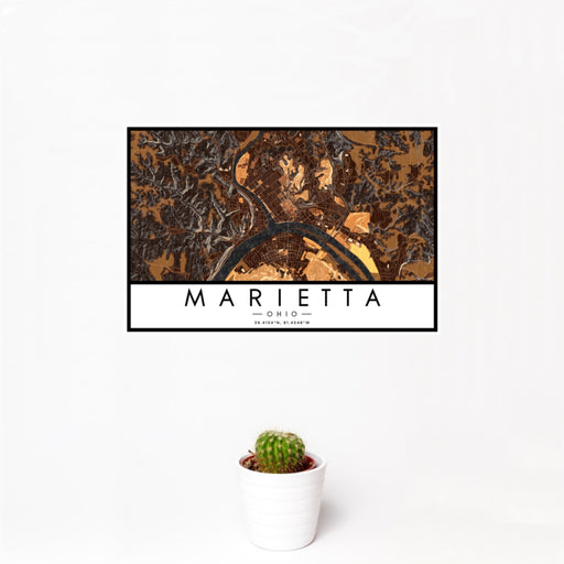 12x18 Marietta Ohio Map Print Landscape Orientation in Ember Style With Small Cactus Plant in White Planter