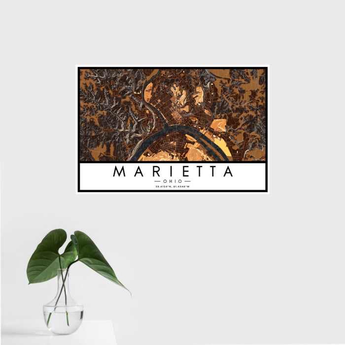 16x24 Marietta Ohio Map Print Landscape Orientation in Ember Style With Tropical Plant Leaves in Water