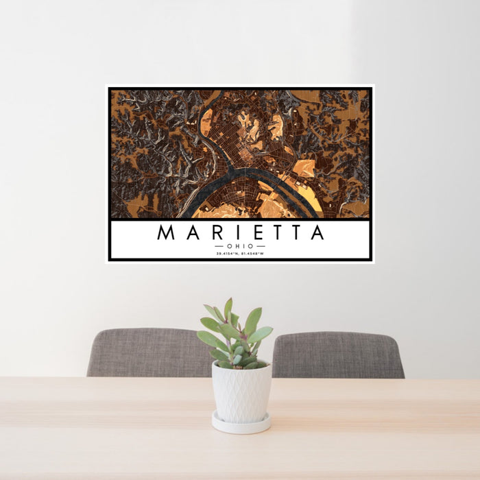 24x36 Marietta Ohio Map Print Landscape Orientation in Ember Style Behind 2 Chairs Table and Potted Plant