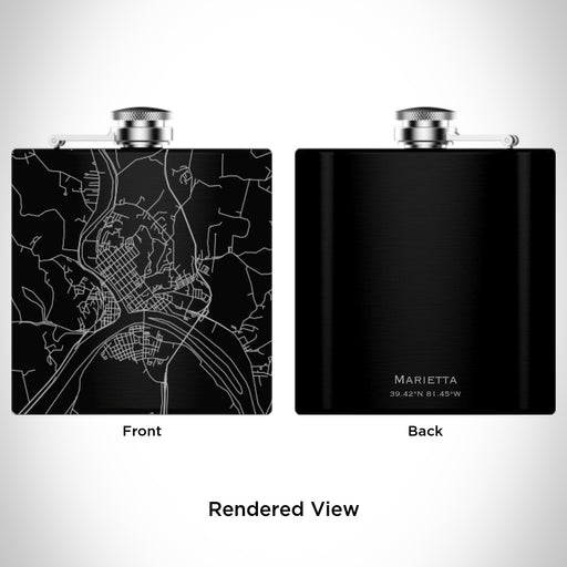 Rendered View of Marietta Ohio Map Engraving on 6oz Stainless Steel Flask in Black