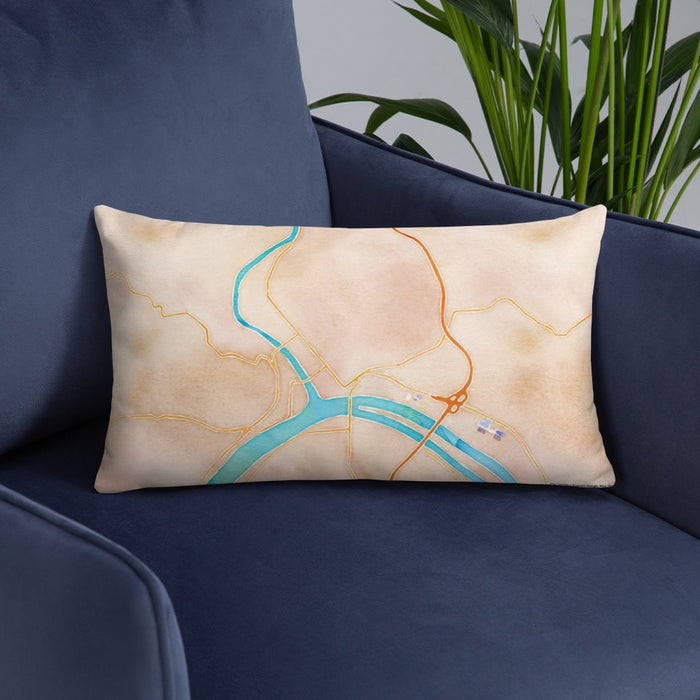 Custom Marietta Ohio Map Throw Pillow in Watercolor on Blue Colored Chair