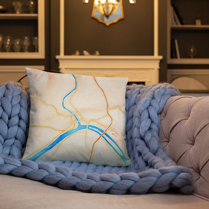 Custom Marietta Ohio Map Throw Pillow in Watercolor on Cream Colored Couch