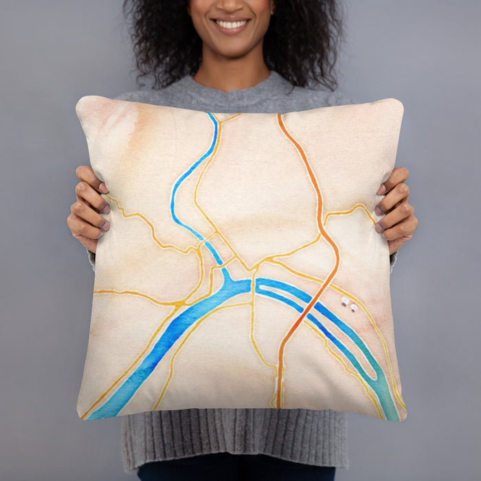 Person holding 18x18 Custom Marietta Ohio Map Throw Pillow in Watercolor