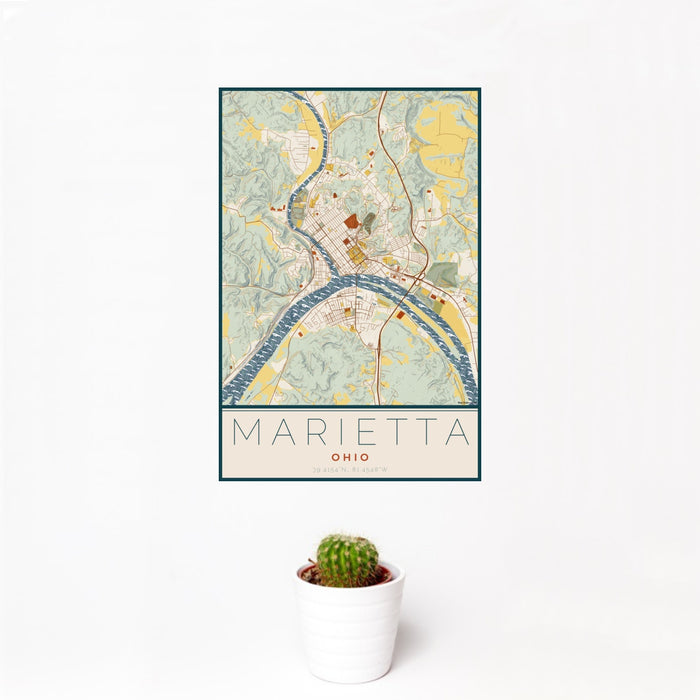 12x18 Marietta Ohio Map Print Portrait Orientation in Woodblock Style With Small Cactus Plant in White Planter